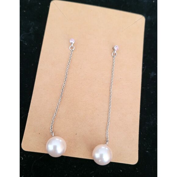 2-1/2" Faux Pearl Dangle on a Silver Chain from a Pink Crystal Post Earrings - Picture 3 of 4